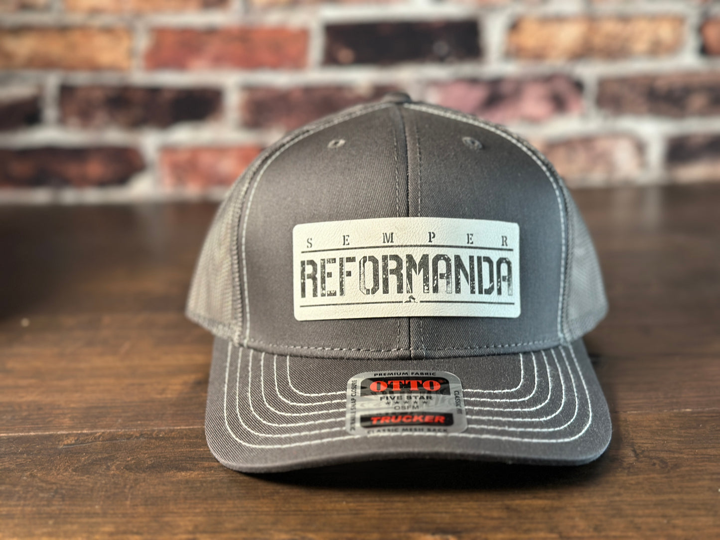 Semper Reformanda Gunmetal Gray Trucker with White Patch