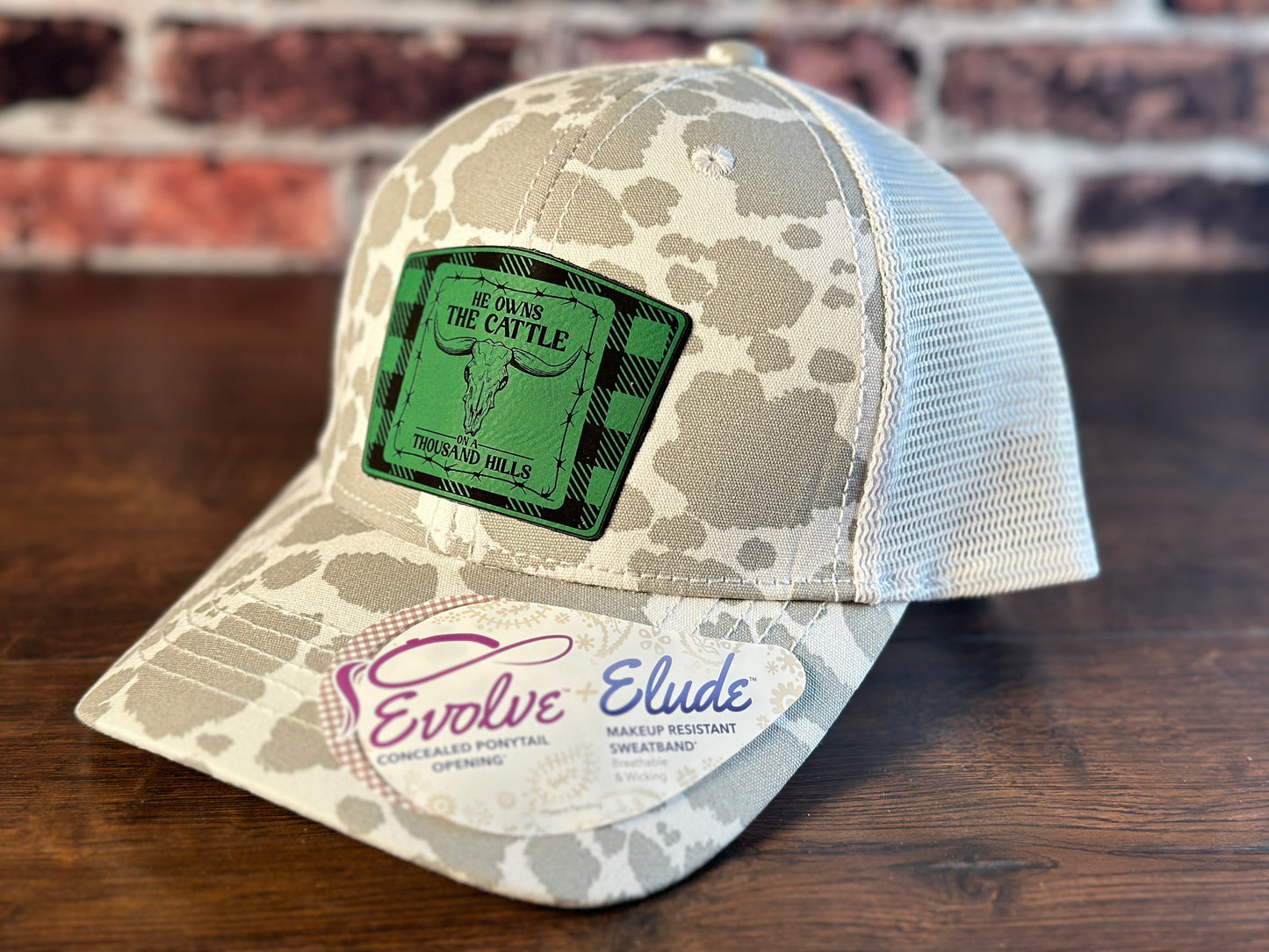 Ladies Psalm 50 Grey Cow Print Ponytail Cap Green Flannel
