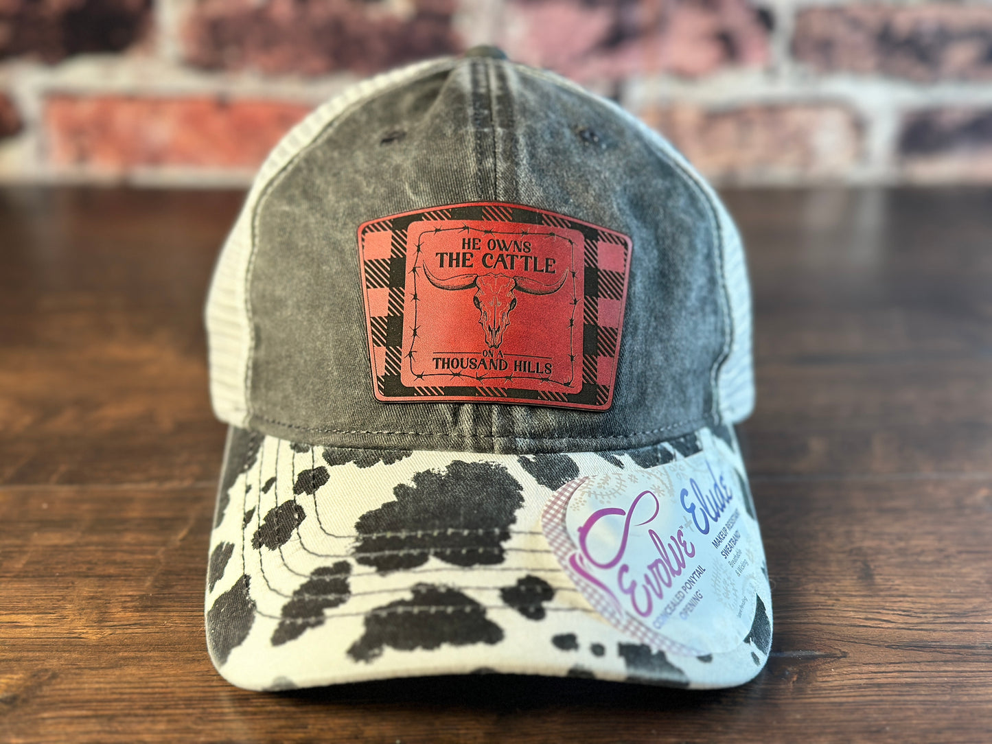 Ladies Psalm 50 Black Cow Print Ponytail  Cap Red Flannel Patch