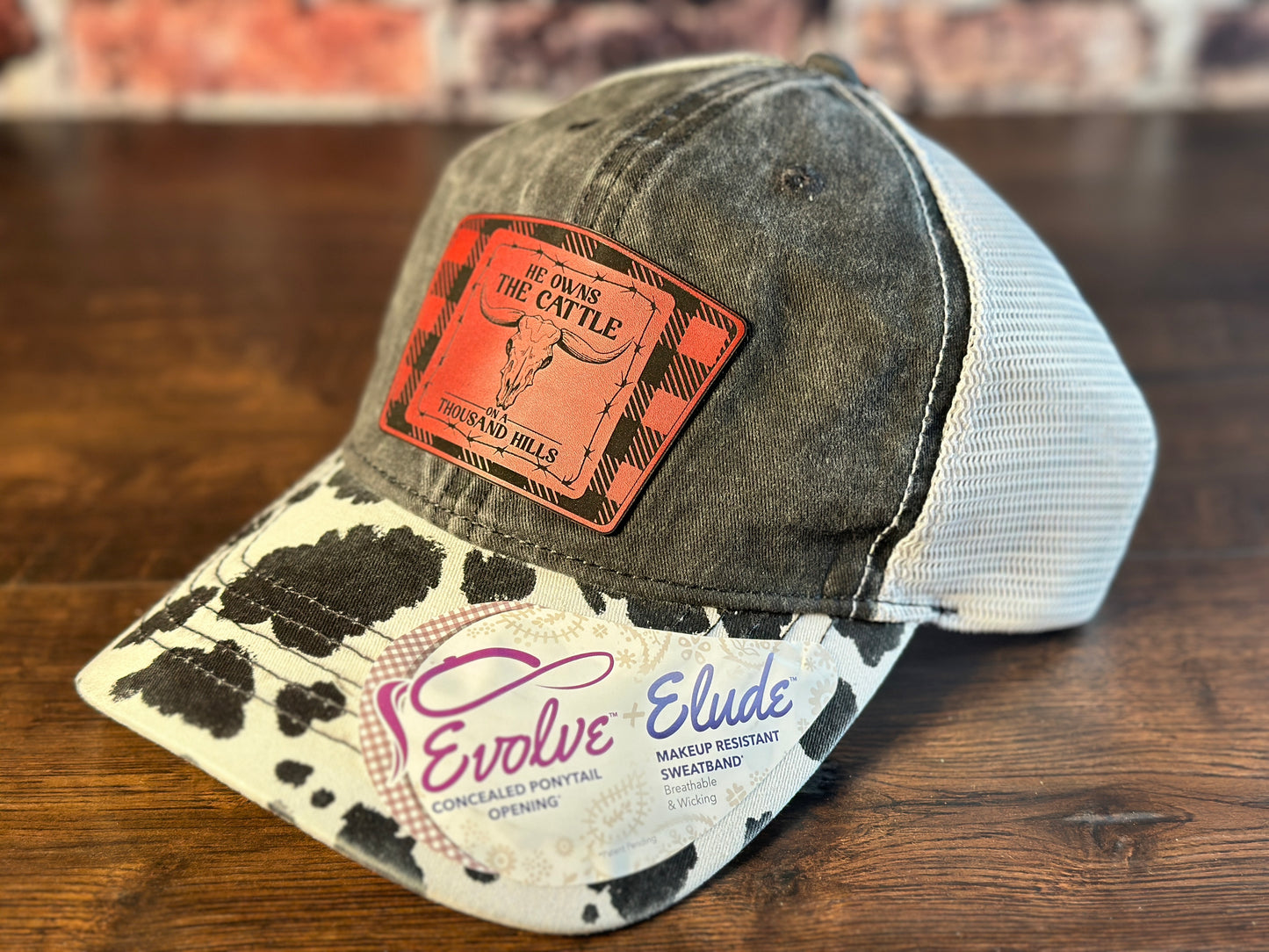 Ladies Psalm 50 Black Cow Print Ponytail  Cap Red Flannel Patch