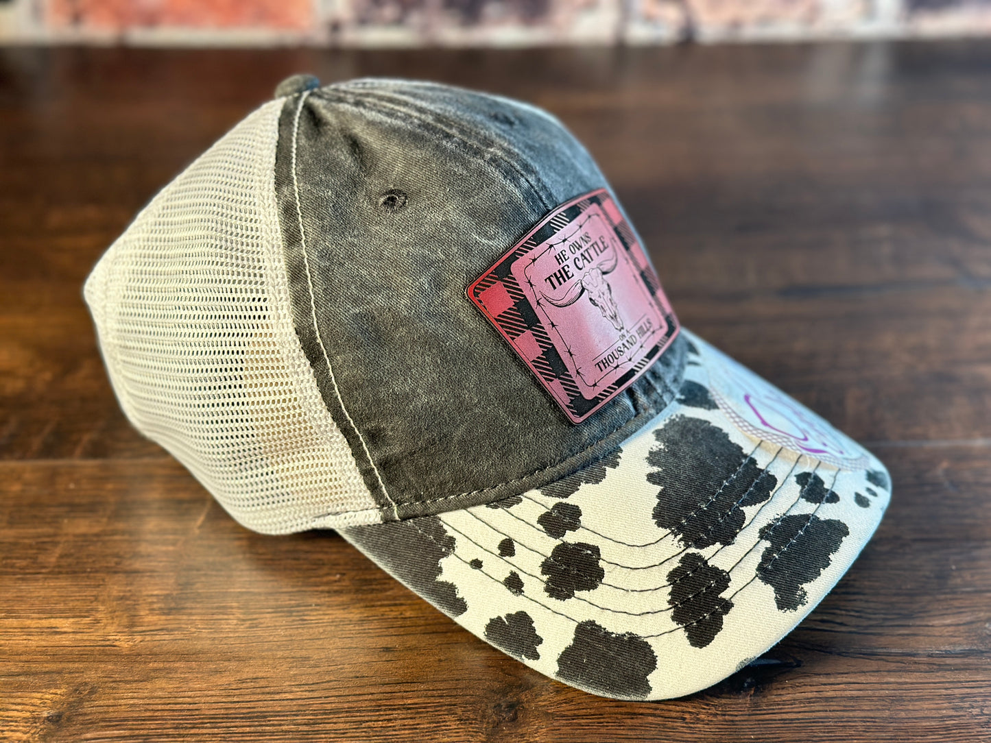 Ladies Psalm 50 Black Cow Print Ponytail  Cap Red Flannel Patch