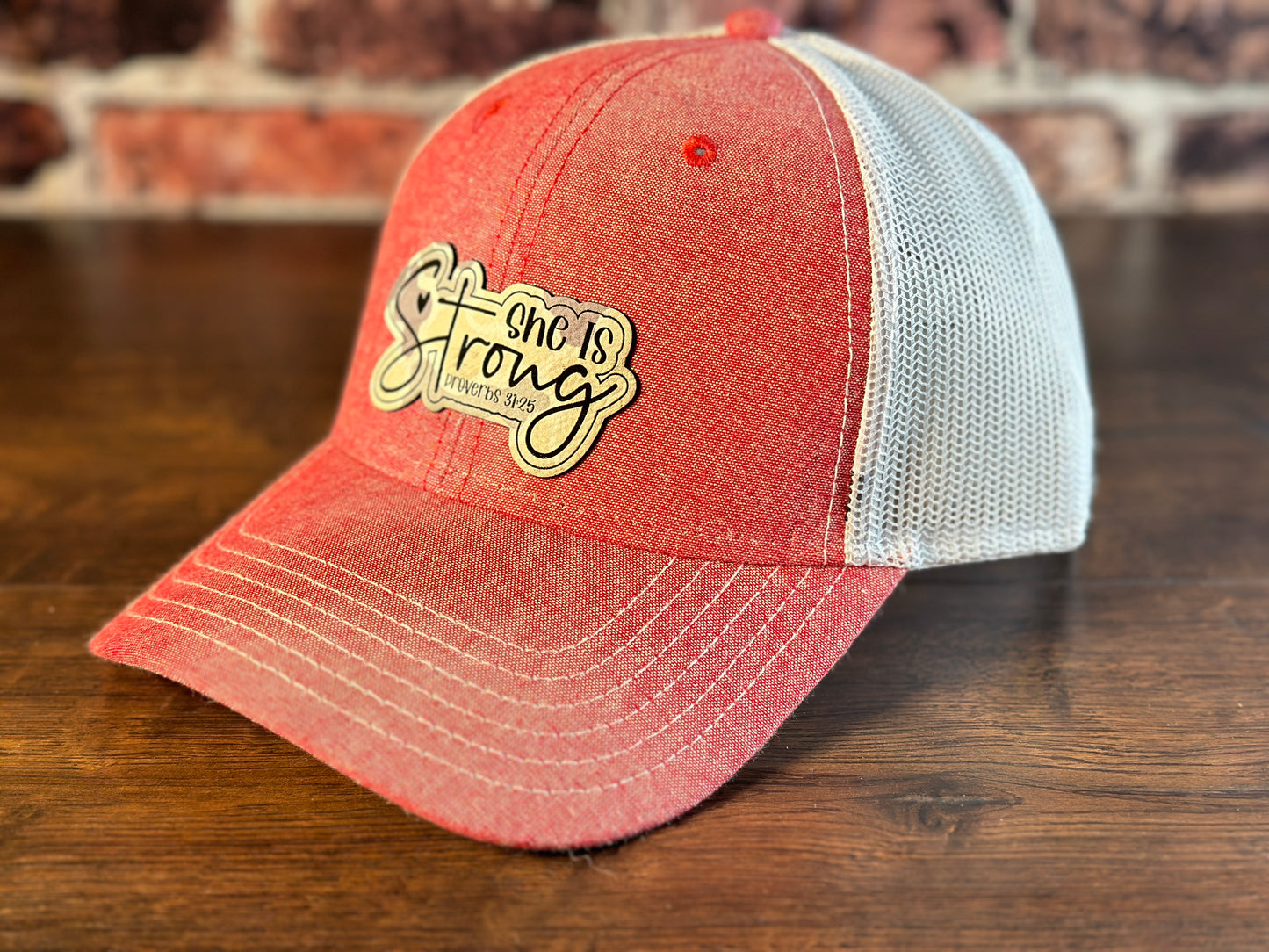 Ladies "She is Strong" Chambray Pink Ponytail Cap