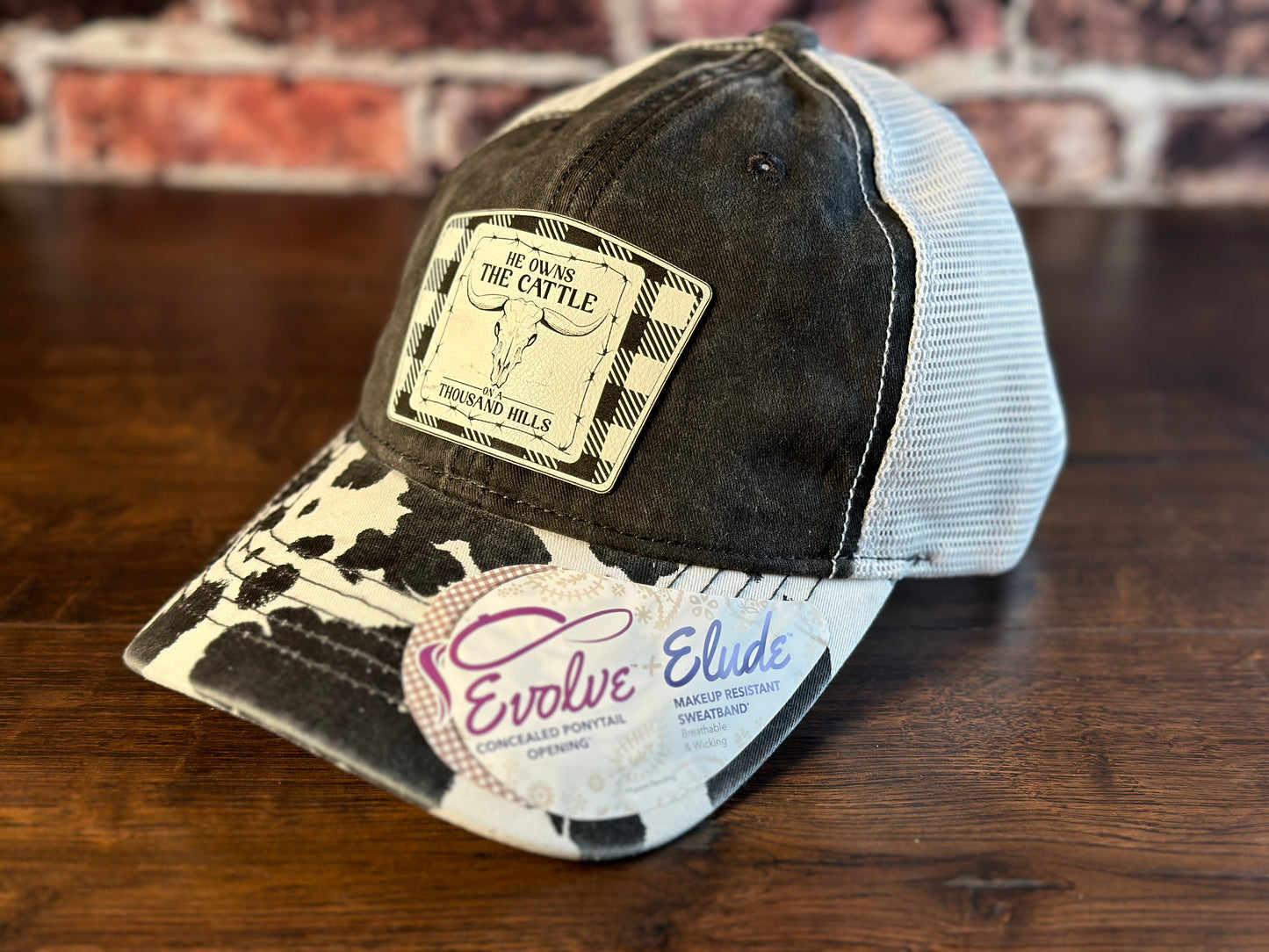 Ladies Psalm 50 Black Cow Print Ponytail Cap White Flannel Patch