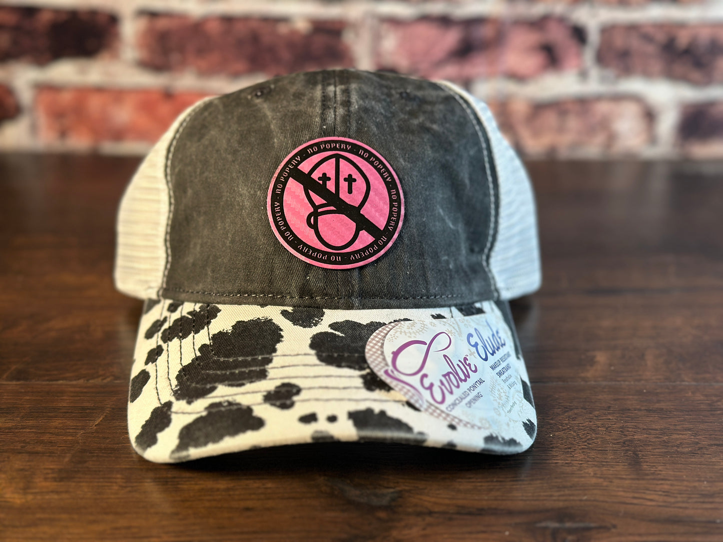 No Popery Black Cow Print Ponytail Cap