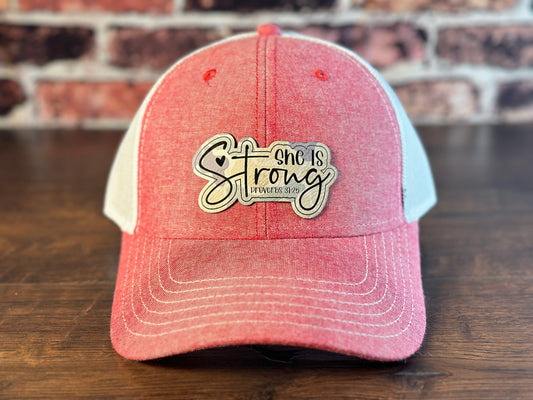 Ladies "She is Strong" Chambray Pink Ponytail  Cap